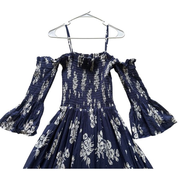 Polo Ralph Lauren Off-Shoulder Navy Floral MidiDress Smocked Bell Sleeves Large - Picture 3 of 6